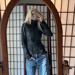 Danier Black Fitted Leather Jacket with Stand Collar